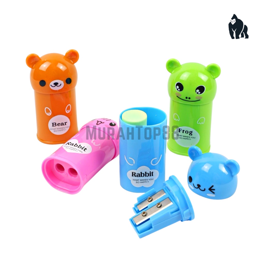 

Serutan Karakter 2 Lubang Dengan Penghapus / Rautan Fancy Bentuk Rabbit Bear Frog / 2 in 1 Sharpener Eraser