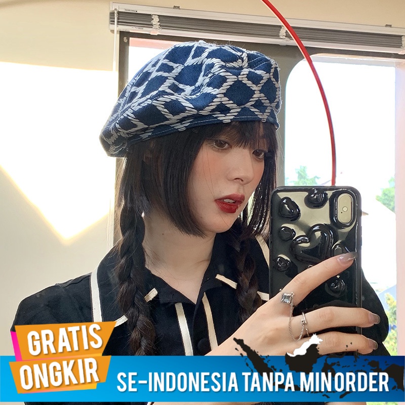 Topi Pantai Santai Pesta Wanita Berlian Desain Kotak Kotak Baret All Match Fashion Blogger Street Tembakan Jepang Denim Tipis Pelukis Import Impor Sb Shopee Indonesia