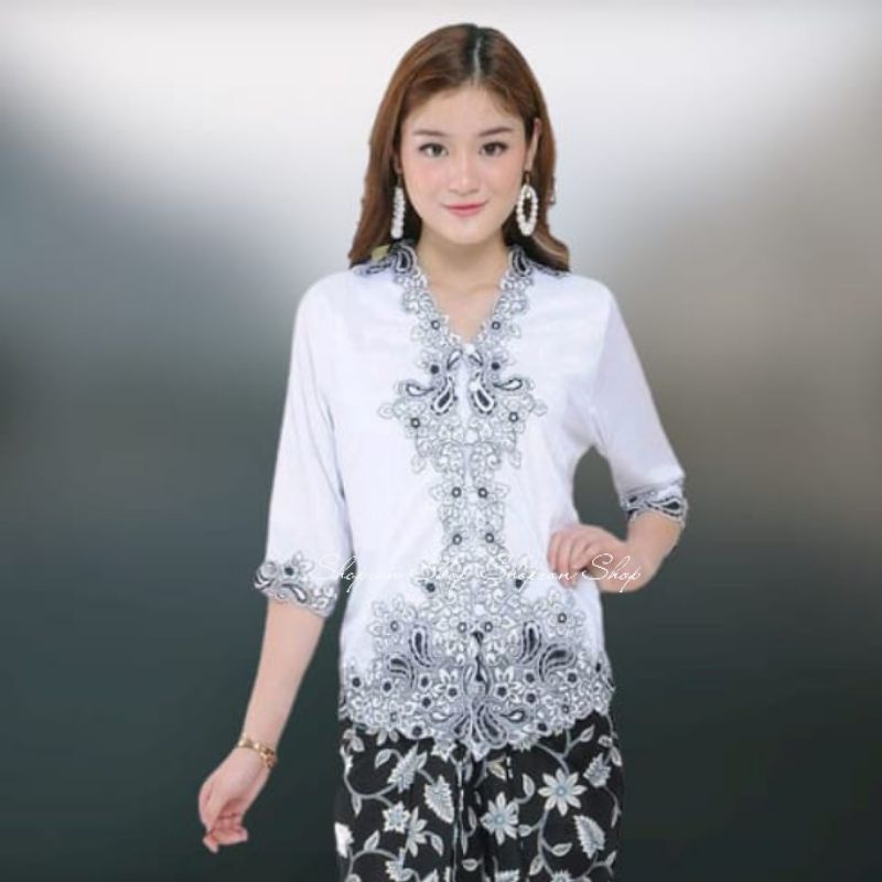 Atasan Kebaya Encim Modern Senada Katun Silky Korea Kombinasi Brukat Bordir