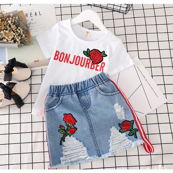 SSP26/67- Setelan Anak Perempuan 2in1 Set Kaos+Rok Jeans Bonjourber Roses