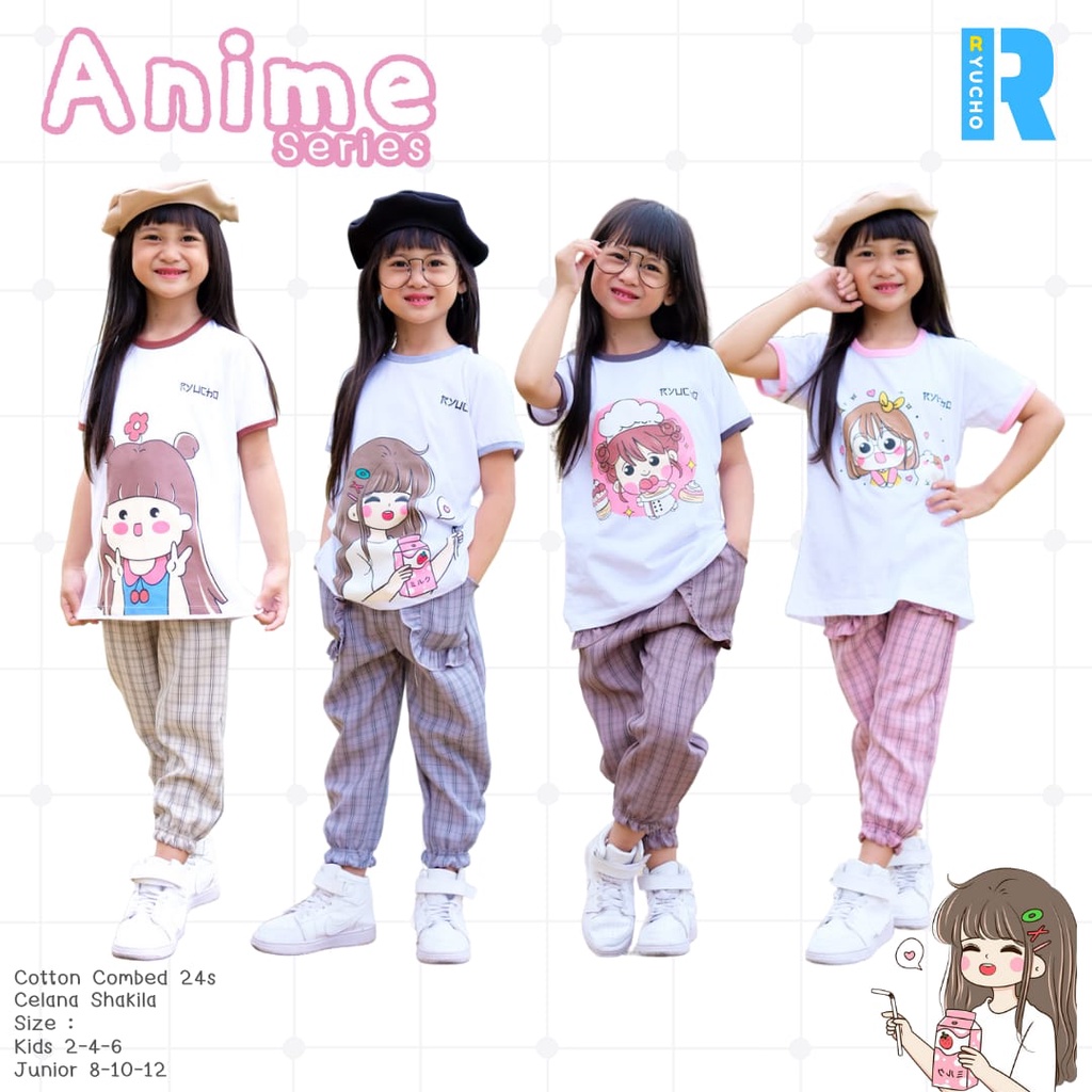 Setelan Anak Perempuan Motif Anime Kartun Ryucho Lengan Pendek Celana Panjang
