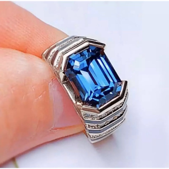 Cincin Pria Perak Topaz Sky Blue Cutting Mewah Berkelas Kantoran Simple Elegan Minimalis