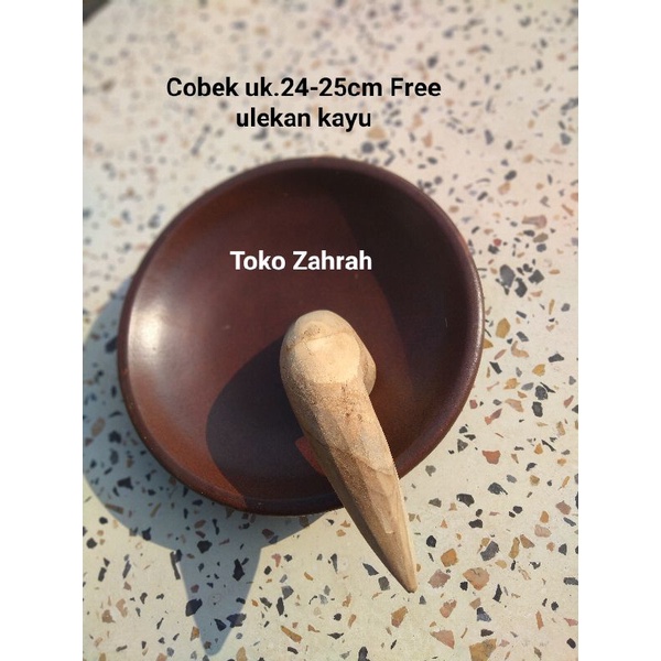 Piring Cobek/Cobek Tanah Liat Besar ukuran 24-25cm ada list kaki + Ulekan Kayu