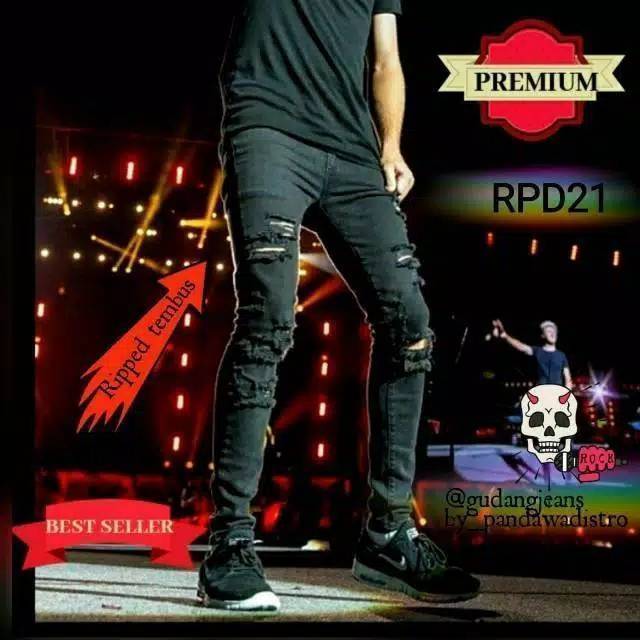 CELANA JEANS SOBEK PRIA RIPPED PENSIL SKINNY SLIMFIT DENIM STRECTH PREMIUM 27-38