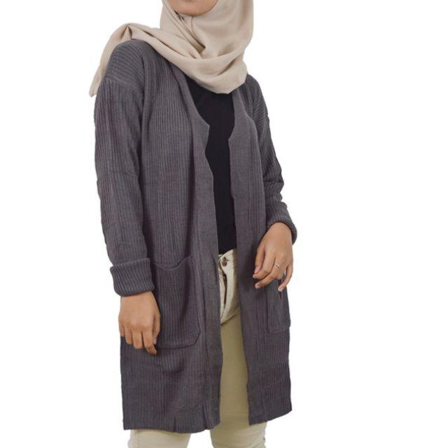 Syasweater - CARDIGAN PANJANG WANITA BELLE OVERSIZE Cardigan Wanita-Abu tua