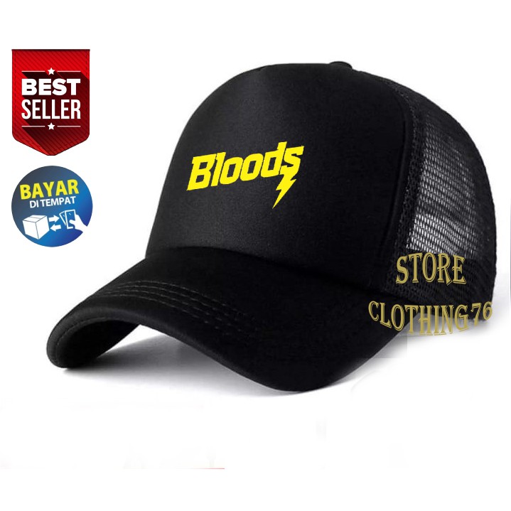 Topi Distro Trucker Jaring Bloods Keren Text Kuning Premium Quality Topi Pria Dan Wanita