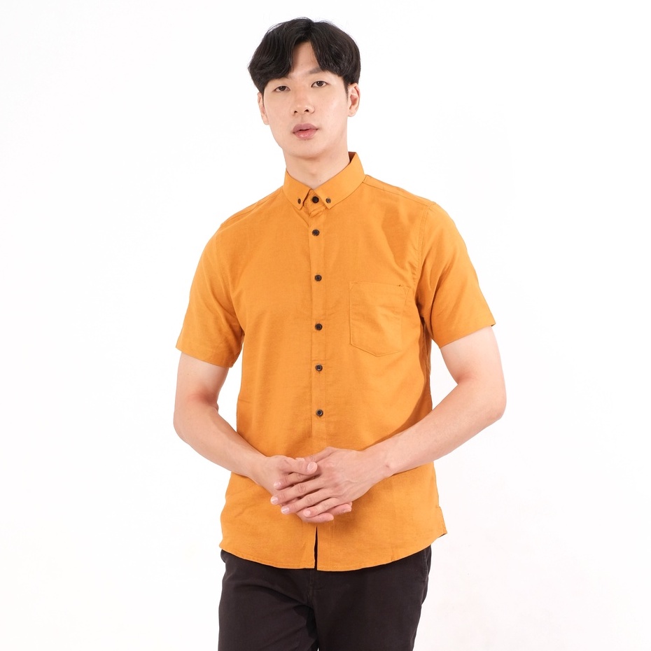 SANVANINA Kemeja Slim Fit Pria Mustard Polos | Short Basic Rami Mustrad E-1507G