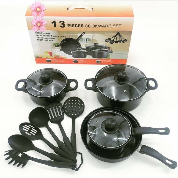 panci set 13pcs cookware - cookware set 13 hitam tutup kaca
