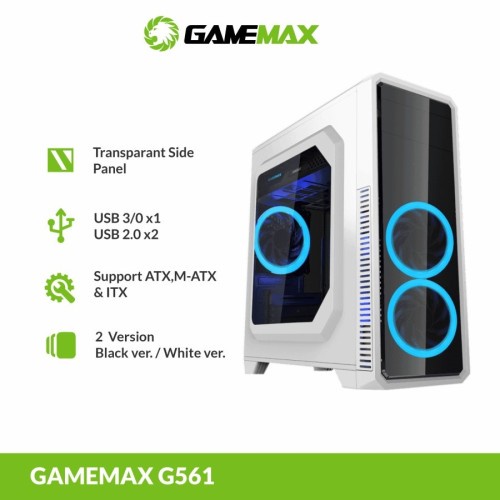 Casing Gamemax G561 WHITE 3 Fan | CASE ATX - MATX
