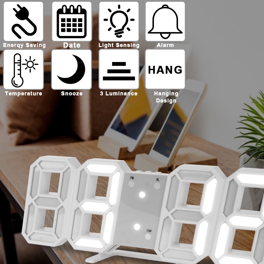 Taffware Jam Dinding Digital plus Suhu ruangan bisa jadi Jam Meja Digital Clock jam weker alarm alaram beker lonceng bangun pagi jam kamar tidur dekorasi kamar tidur Digital Alarm Clock Led Electrci Mini Silent Wall Clock for Bedroom Home Decor Smart