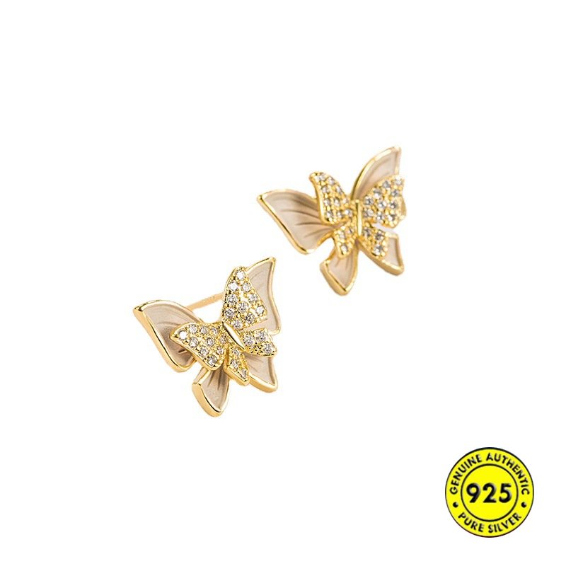 Anting Tusuk Lapis Emas 18K Desain Kupu-Kupu Hias Zircon Untuk Wanita U1046
