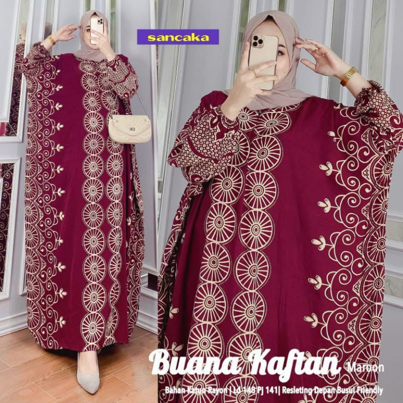 Buana Kaftan Wanita Jumbo XXXXL Motif Roda Lengan Panjang Busui Resleting / Gamis Rayon Jumbo Kaftan Terbaru