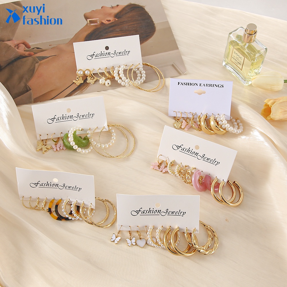 Set Anting Giwang Model Kupu-Kupu Dengan Mutiara + Rumbai Warna Gold Untuk Wanita