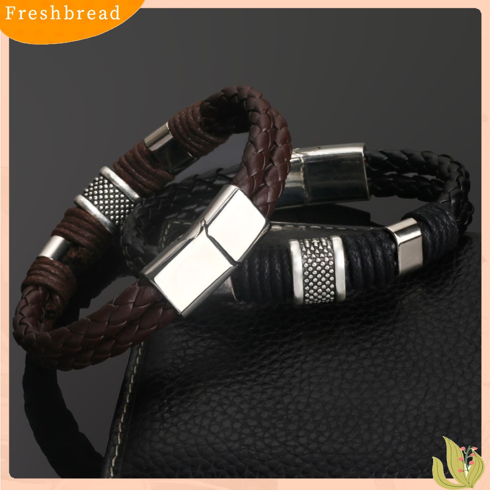 [TERLARIS]Fashion Mens Dual Layer Braided Faux Leather Magnetic Clasp Wrist Bracelet Gift