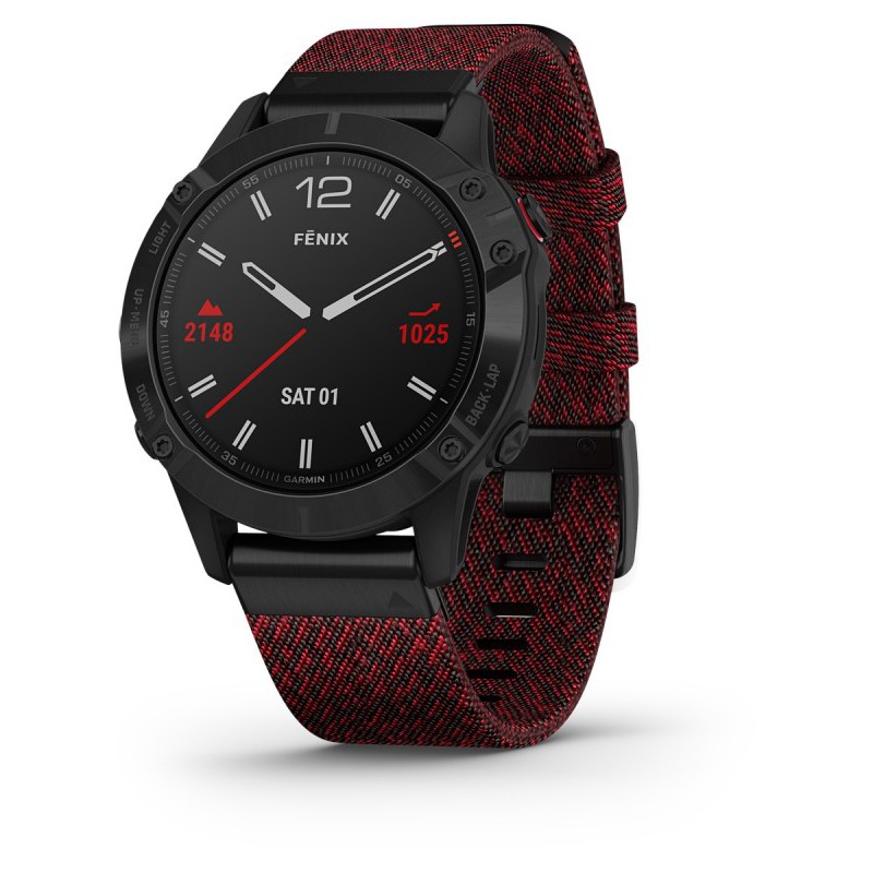 Garmin Fenix 6 Black DLC with Heathered Red Nylon Band - Tam 2 Tahun