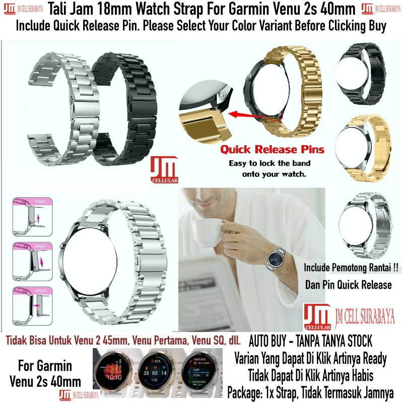 Tali Jam 18mm Watch Strap Garmin Venu 2s 40mm - Stainless Steel Full