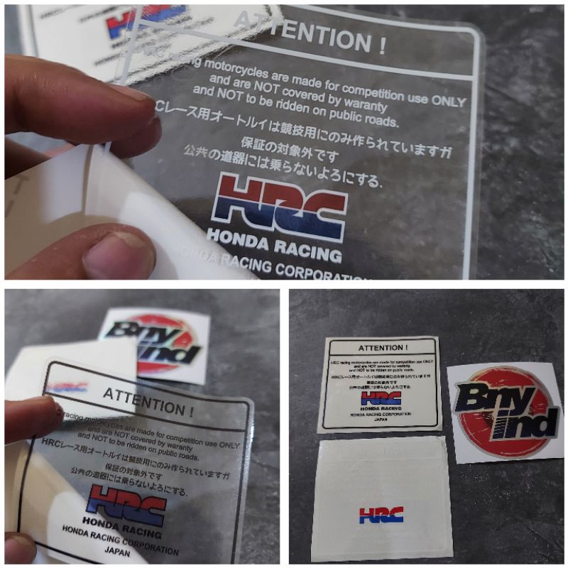 STICKER WARNING HONDA PERINGATAN HONDA ATTENTION HONDA HRC JAPAN TRANSPARAN