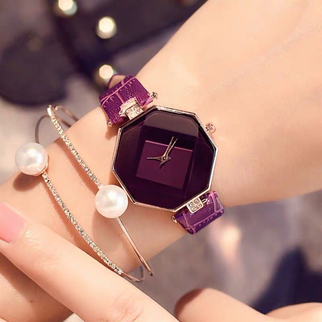 ［Ready Stock］Jam tangan wanita fashion kulit Kasus segi delapan gaya Korea S1054