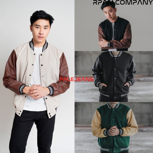 PaleJeans Varsity Jacket Leather Basic / Jaket Varsity Kulit Pria / Jaket Bomber Baseball Pria / Jaket Pria.