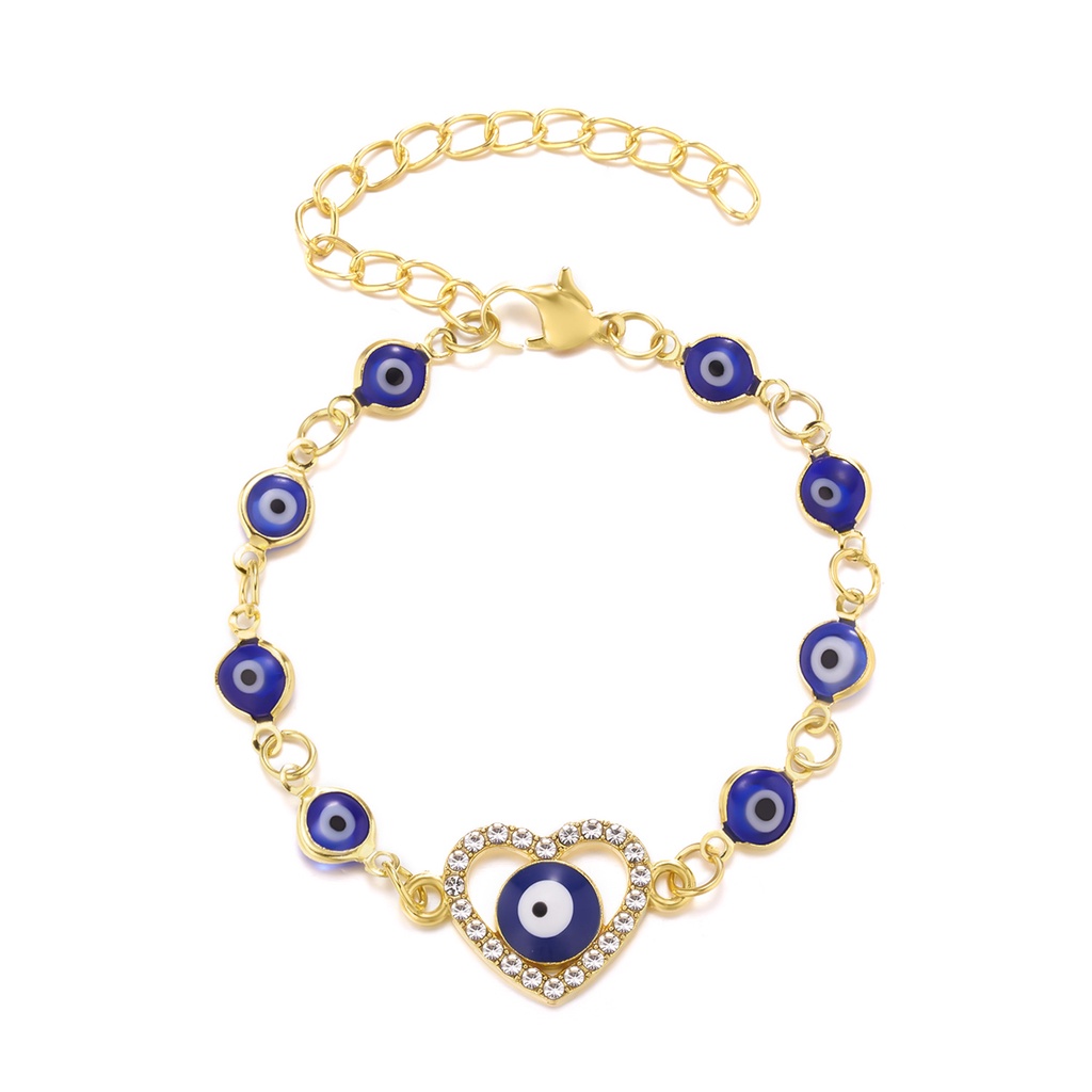 Gelang Rantai Double Layer Adjustable Bahan Alloy Motif Mata Iblis Warna Biru Untuk Wanita