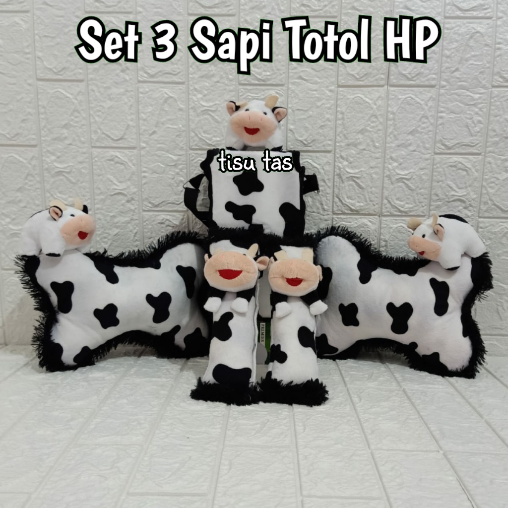 bantal mobil set 3 Sapi Totol Hitam - Putih  (Tisu tas)