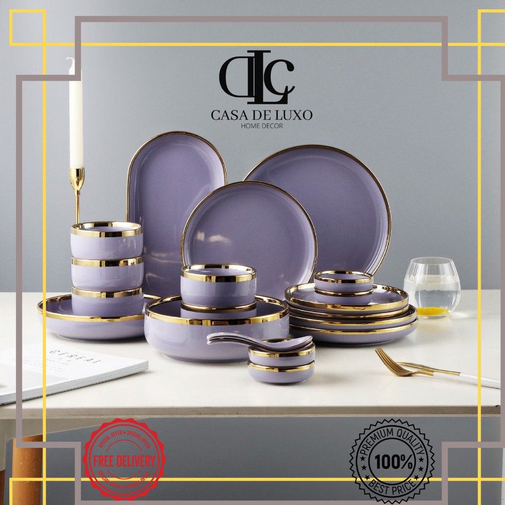 PIRING DAN MANGKUK KERAMIK WARNA LILAC LIST GOLD MEWAH/ DINNER SET LILAC UNGU LIST GOLD ELEGANT