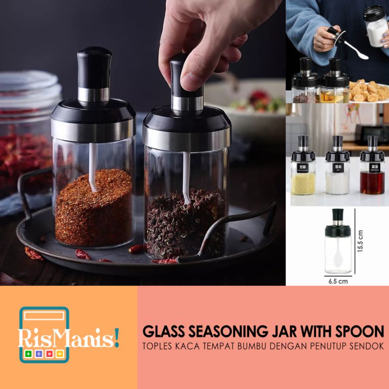 GLASS SEASONING JAR WITH SPOON - Toples Kaca Food Grade Botol Bumbu Dapur 250 ml Tutup Sendok Kedap