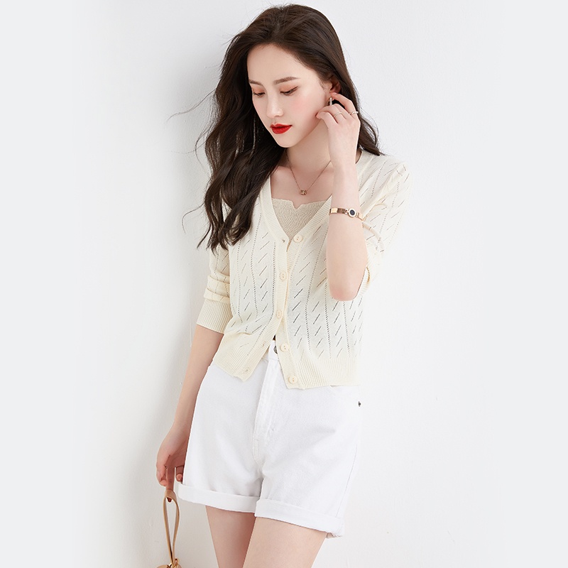 【Elegant】Korean Soft Button Knited Long Sleevee V-Neck T-Shirt 7483