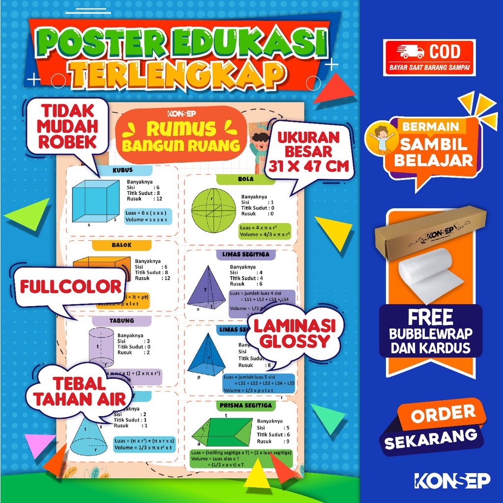 Konsep Poster Edukasi Pendidikan Anak Belajar Rumus Bangun Ruang Paud Balita TK Toodler SD Laminasi Glossy Tahan Air