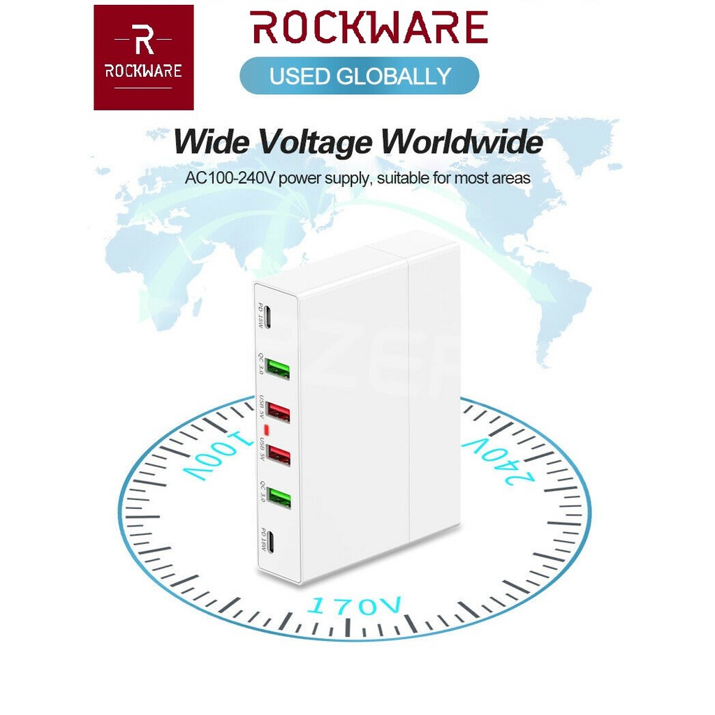 ROCKWARE X5 - 4 USB Port and 2 PD 18W Port Charging Station - 72W - Charger Multiport Up to 6