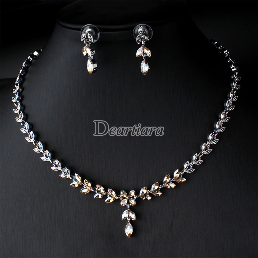 Set Kalung Anting Tusuk Gantung Hias Berlian Imitasi Untuk Aksesoris Pengantin Wanita