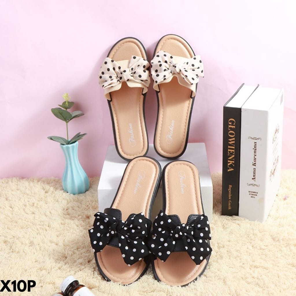 SANDAL WANITA BAHAN PU MOTIF PITA POLKADOT SUPER CANTIK DAN SIMPLE GAYA FASHION KEKINIAN 10P