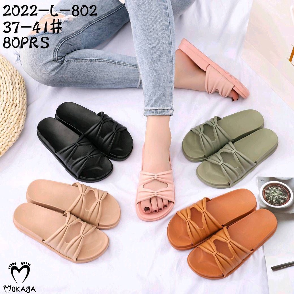 Sandal Slop Wanita Ban 2 Kerut Ikat Pita Cantik Elegant Import Mokaya / Size 36-41 (ST-2022-L-802)