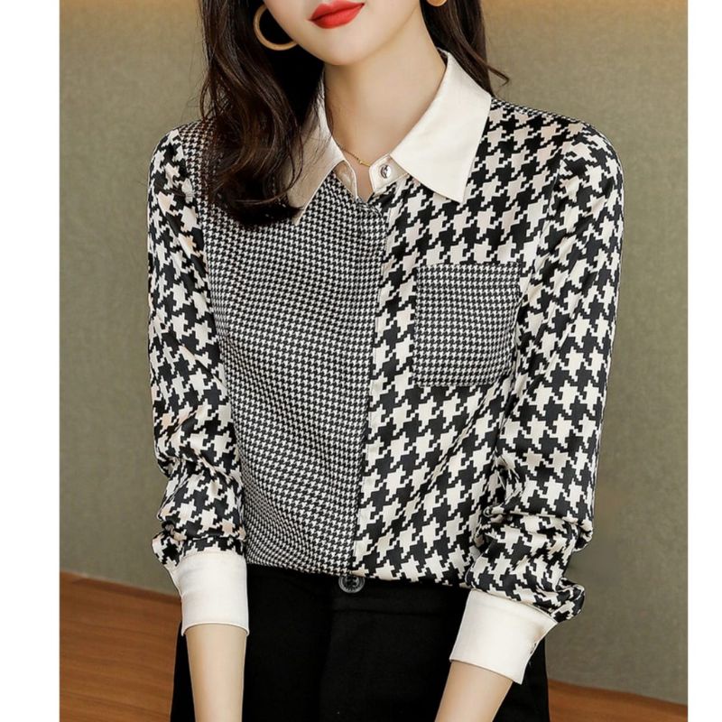 2390 Kemeja kotak-kotak putih hitam lengan panjang ala cewek Korea fashion wanita Korea Kekinian kos