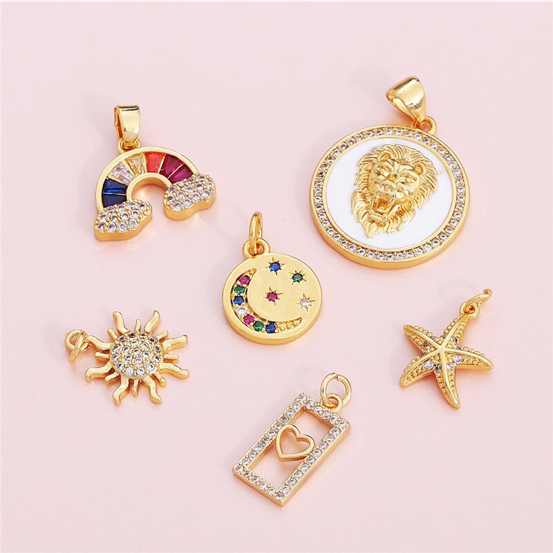 1Pc 7-24mm Gold Plated Zircon Brass Sun Moon Star Cacti Rainbow Charm Pendant for Bracelet Necklace Earring Making DIY Jewelry