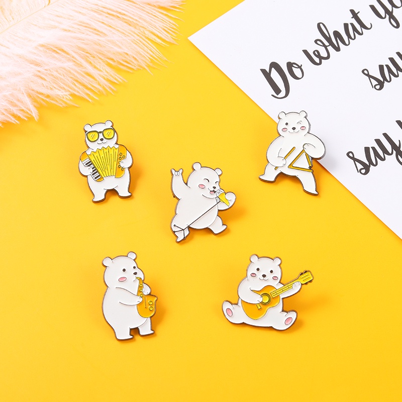 White Bear Animal Cartoon Bear Musical Instrument Enamel Lapel Pins Badge Brooches Jewelry for Backpack Girls Women Clothes