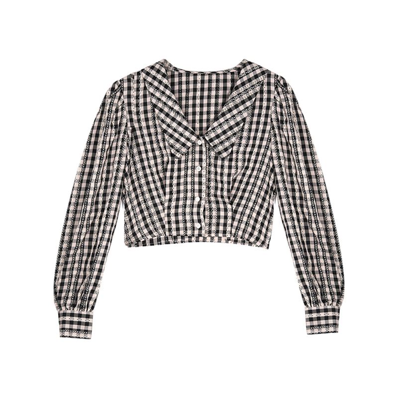 DOLLY TOP - Kemeja Retro kotak kotak kerah boneka / Crop Gingham korea wanita style