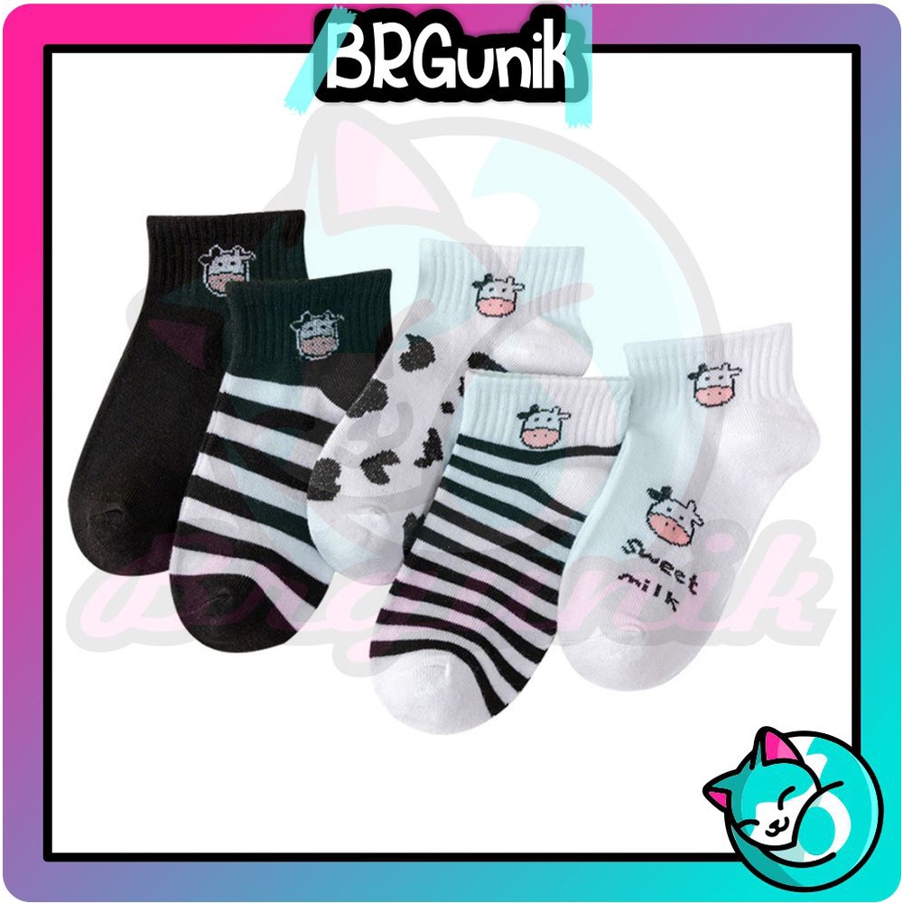 BRGUNIK Kaos Kaki Panjang Betis Mid Socks Ala Korea Diatas Mata Kaki Import Murah Motif Sapi Totol Hitam Putih R596