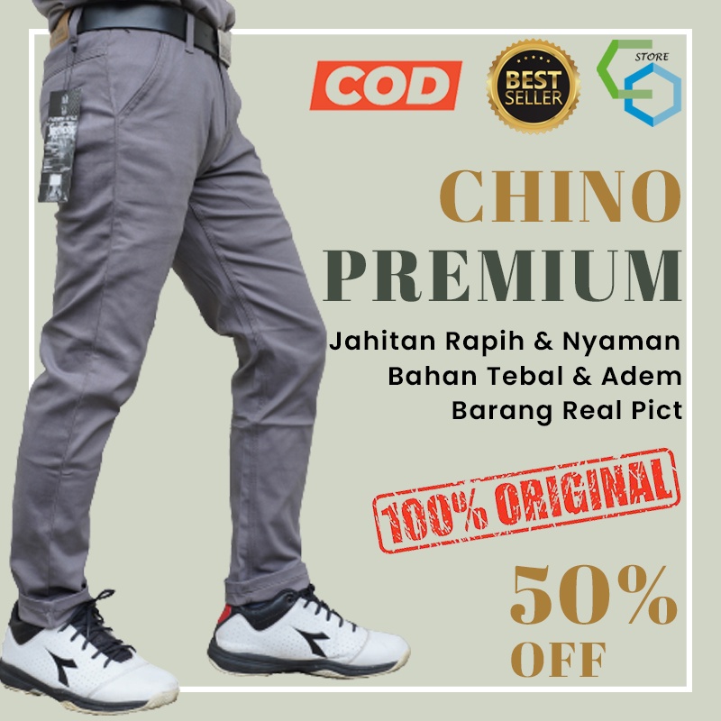 Celana Chino Chinos Pants Panjang Denim Cardinal Slim Fit Formal Casual Selvedge Pria Reguler SILVER