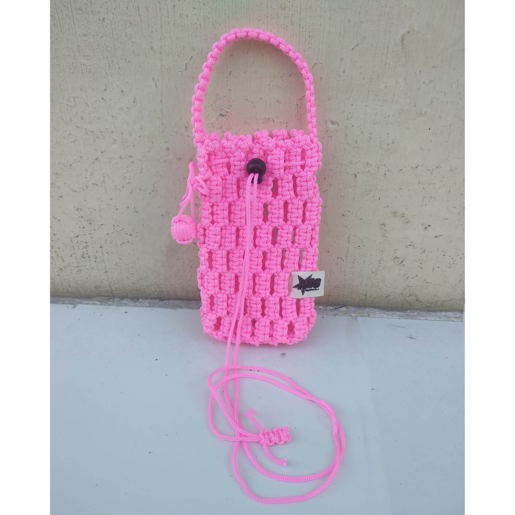 Tas Rajut selempang Mini Handmade Dari Tali Kur (Macrame) wanita Warna pink Tas Handphone / Tas HP