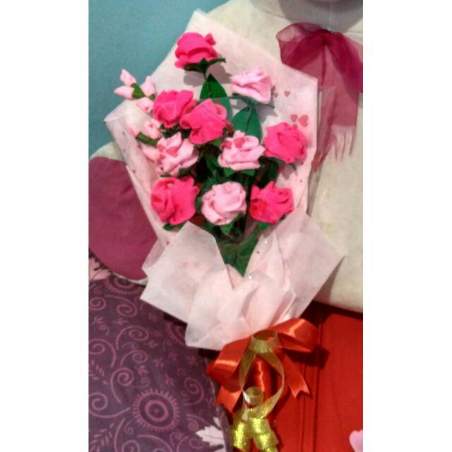 Buket Bunga Mawar Flanel Pink Rose Hand Bouquet Untuk Hadiah Wisuda Anniversary Ultah Dll
