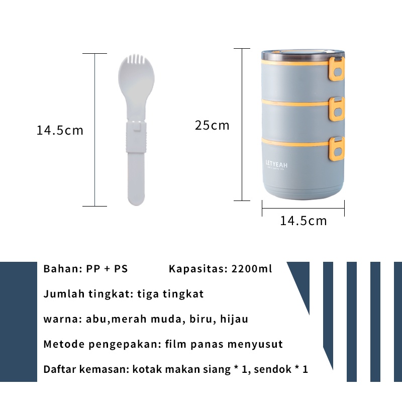 Letyeah &amp; Anantagt kotak makan bulat plastik 3 susun 2200ml portable/lunch box set anti tumpah tetap hangat Free sendok