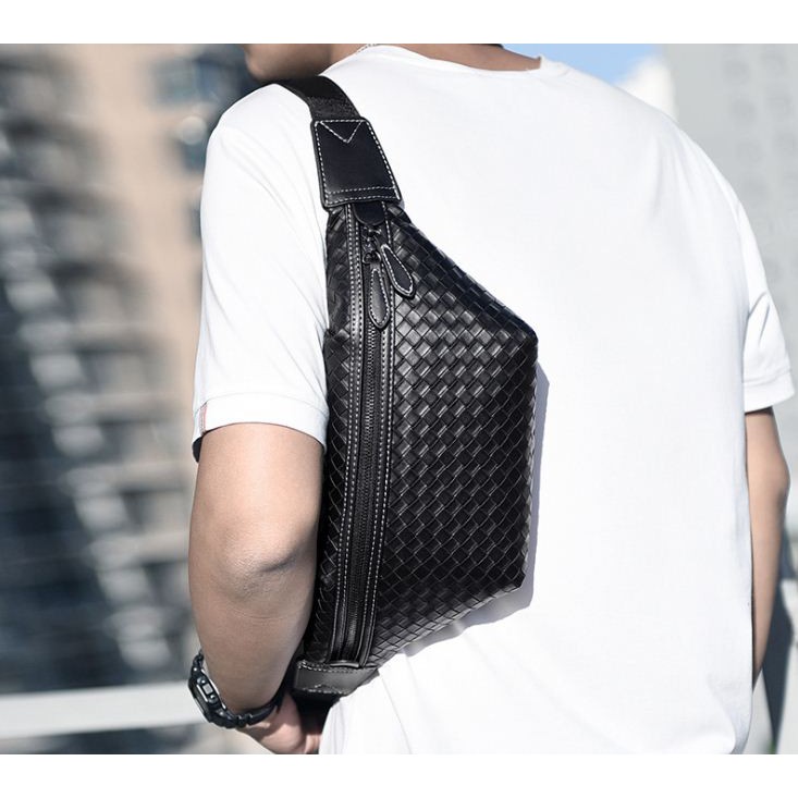 Waistbag Kulit Pria Tas Pinggang Selempang Import Motif Anyaman