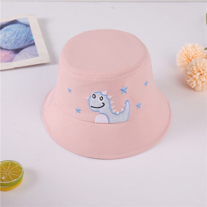 Bucket Hat Anak Topi Anak Topi Rimba Anak Laki Laki Perempuan 2 - 10 Tahun Dinosaurus / Bucket Hat Topi Piknik Anak Bayi Balita TK SD Laki Laki Perempuan DINOSARUS BINTANG 3-Star Dino Pink