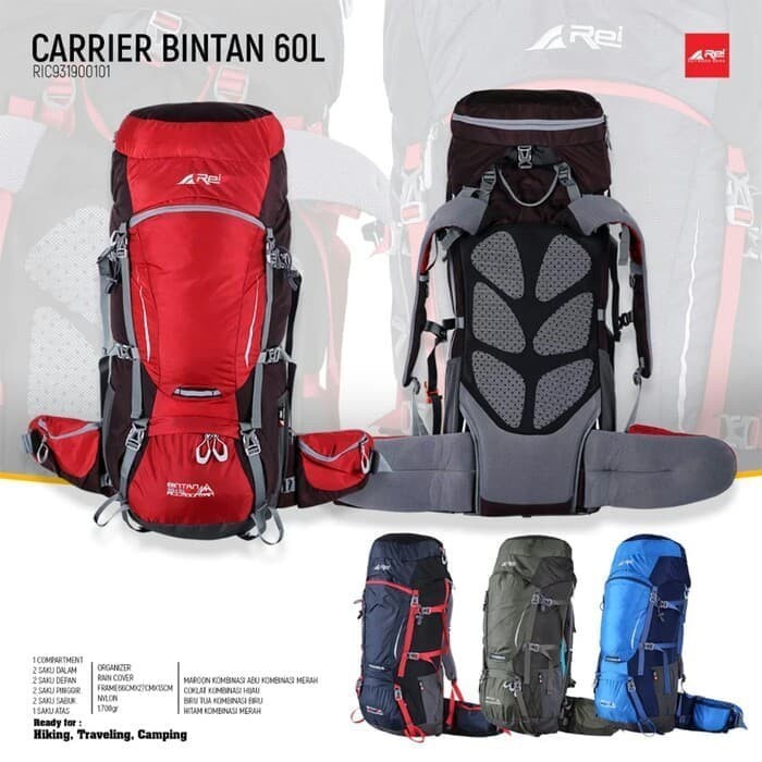 TAS GUNUNG AREI CARRIER REI BINTAN 60+5 LITER ORIGINAL INCLUDE RAINCOVER