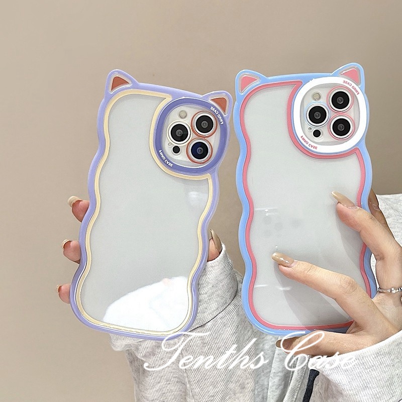 IPhone 14 13 12 11 Pro Max X XR Xs Max 8 7 6 6s Plus SE 2020 Soft Case Bening Desain Telinga Kucing Gelombang Warna-Warni Untuk