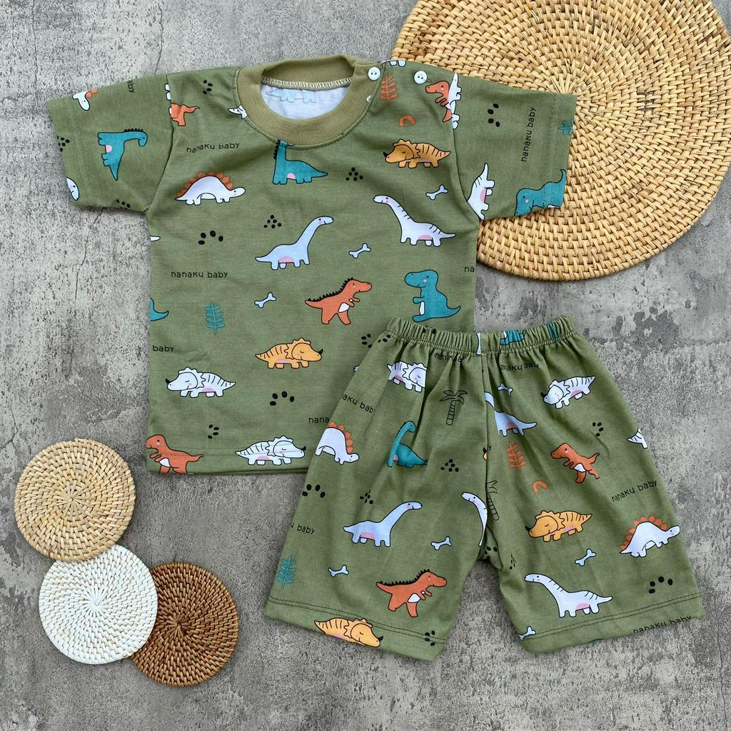 Setelan Baju Bayi Piyama Bayi Lengan Pendek Kancing Pundak Motif Printing Dino Usia 3-12 Bulan Almeera Baby and Kids