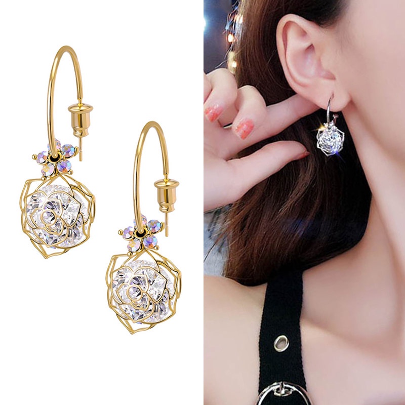 Anting Stud 925 Silver Needle Zircon Bentuk Bunga Mawar Model Hollow Gaya Korea Untuk Wanita