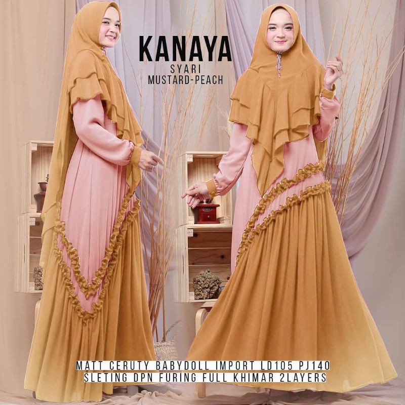 Gamis ceruty babydoll, Gamis Syar'i set khimar.Kanaya Syar'i (mustard-peach)