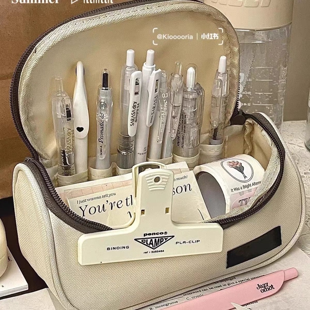 Sera Kotak pensil sederhana berkapasitas besar perempuan bantal-jenis seri ulang tahun sekolah menengah pertama bersih kanvas merah kotak alat tulis warna solid divisi lanjutan